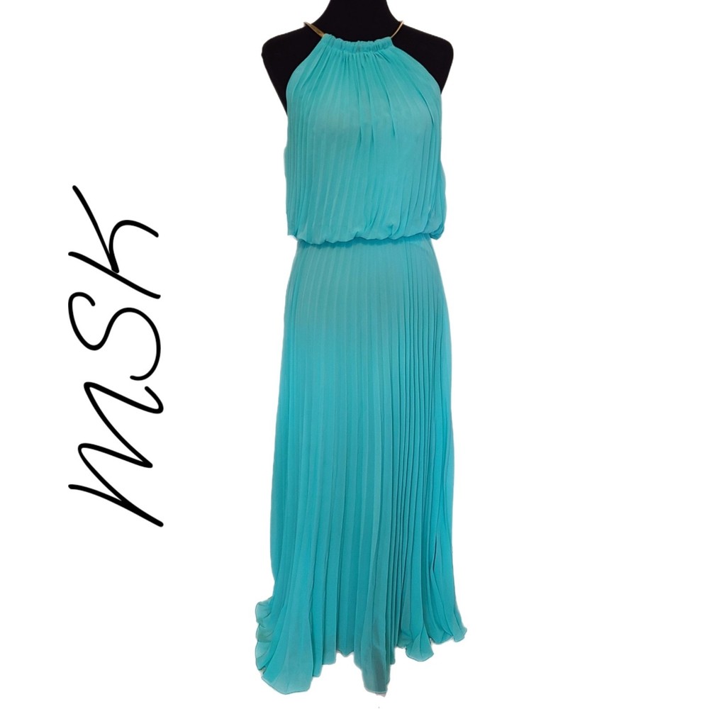 MSK | Seafoam Green Long Chiffon Blouson Halter Dress w/ Gold Necklace, Size 8